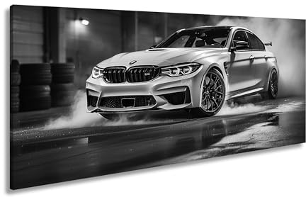 Leinwandbild Rauch und Power – ein BMW entfesselt pure Drift-Energie. Panorama 60x30cm Effekt: Schwarz&Weiß XXL Kunstdruck Bild auf Keilrahmen/Wandbild/Wohnzimmer Dekoration