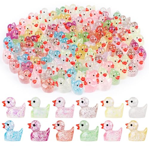 KIPEREE Mini Ducks - Assorted Colors, Cute and Colorful Mini Figures for DIY Crafts, Fairy Gardens, Aquarium Decor, and Party Favors (120pcs Glitter Colors)