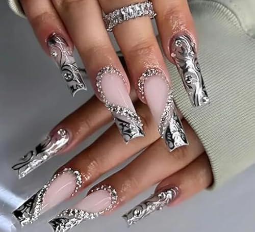 Long Mirror Silver Coffin Style Fake Nails Nude Gradient - Press on Nails 24 PCS with Baroque Design Effect - for Slimmer Finger Look Wearable Tips for Women (Long Mirror Silver)
