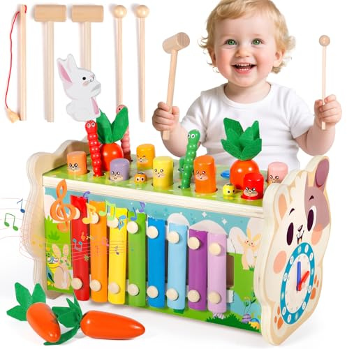 Purpledi Montessori Spielzeug ab 1 Jahr – 8 in 1 Hammerspiel Holzspielzeug Motorikspielzeug Xylophon Kinder 1 Jahr Lernspielzeug, Lernspielzeug Geschenke ab 1 2 3 Jahre Mädchen Junge
