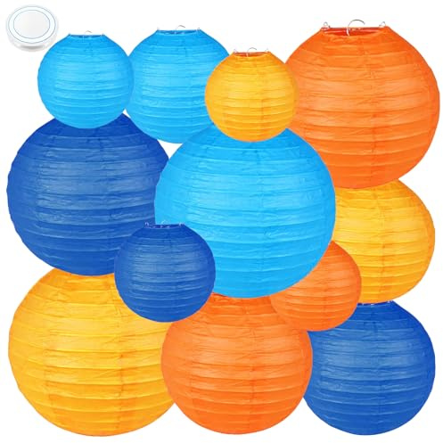 12 PCS Papierlampion, Party Papierlampion, Blau und Orange Papierlaternen, Deko Lampionsmit 50m Angelschnur, Hängende Lampions für Hochzeiten, Brautpartys, Geburtstagsfeiern und Gartenpartys