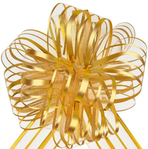HHXUUAN 6Pcs 6 Inch Large Gold Ribbon Organza Pull Bows for Gift Wrapping | Gold pull bows, ideal for baskets, wedding, christmas and valentine's day gift packaging