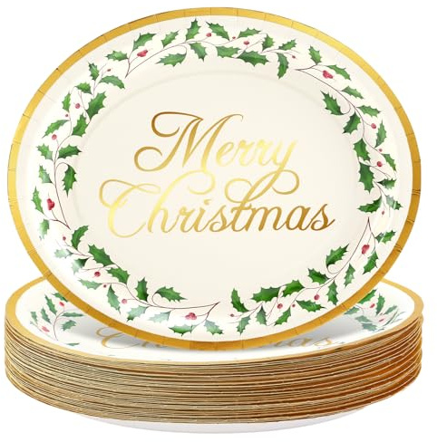 Whaline Christmas Oval Paper Plate Dinner Plate Holy Leaf Gold Foil Disposable Plates for Xmas Holiday Picnic Party Dinnerware Table Decorations, 50 Pcs