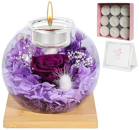 Queltrix Rose Eternelle + 18 Bougies En Cire Naturelle, Fleur Eternelle | Cadeau Anniversaire Femme Romantique, Coffret Cadeau Pour La FêTe Des MèRes, NoëL,La Saint-Valentin(Violet)