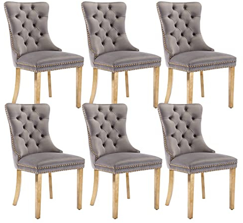 Shenyon Graue Samt-Esszimmerstühle 6er Set, Goldfarbene Edelstahlbeine | Mid Century Modern Stil; Rückenlehne mit Knopfheftung; Ziernägel; dekorativer Ringgriff; bequeme Polsterung; einfache Montage