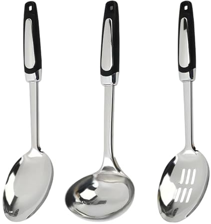VELAJA Juego de 3 Cucharas de Cocina de Acero Inoxidable, Utensilios con Mango Resistente al Calor, Incluye Cucharón, Cuchara Sólida y Espumadera para Cocinar, Servir, Hogar y Restaurante