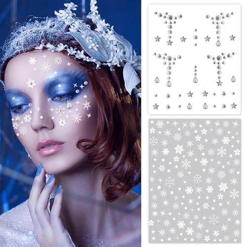 8 Sheets Winter Snowflake Face Temporary Sticker Winter Fairy Tears Rhinestone Face Tattoo Stickers Face Jewels Gems Glitter Christmas Snowflake Makeup Stickers for Nail Art Decals Carnival Party