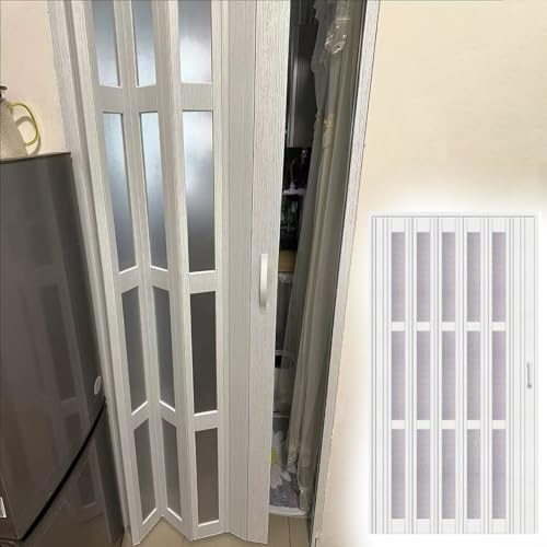 Porte Accordéon Interieur Porte Pliante Intérieure en PVC Blanc, Type Accordéon (Concertina), Effet Chêne ; Porte Coulissante avec Serrure et Panneau en Acrylique Dépoli(32x55in/80x140cm)