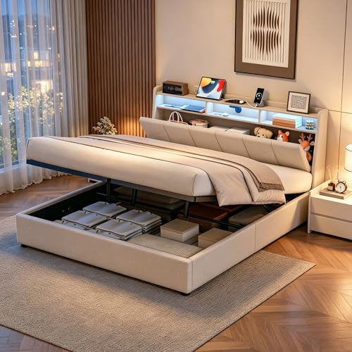 Mydtt Polsterbett 180x200 cm Bett mit Stauraum, Doppelbett LED Stauraum Kopfteil mit USB/TypC und Steckdose, Hydraulisches Stauraumbett Bettgestell mit Lattenrost, Ohne Matratze, Leinen Beige