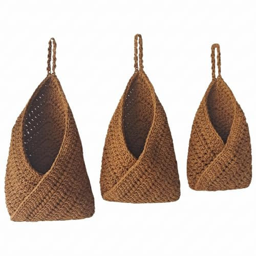 Elyebxj 3er-Pack hängende Wandkörbe, 3 Größen, handgewebte hängende Küchenkörbe aus Baumwolle für die Organisation von Obst und Gemüse, Khaki