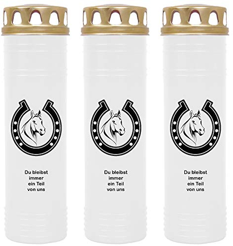 HS Candle Grabkerze - 3er Pack - (Weiß) Grablicht ca. 7 Tage Brenndauer je Kerze - Motiv: Hufeisen