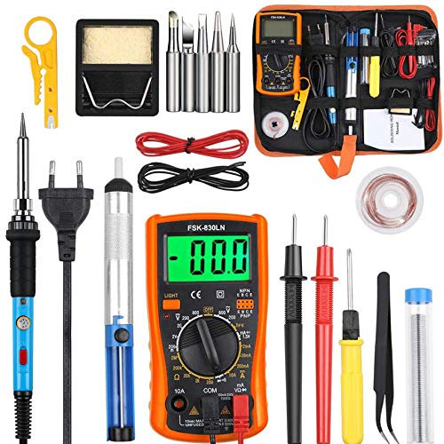 Vastar Fer à Souder Kit, 60W, Temperature Réglable de 200~450℃, Multimètre, 5PCS Conseils de soudage, Pompe à Dessouder, Fil de Soudure, Pincettes, Tournevis, Dénudeur de Fil, Support