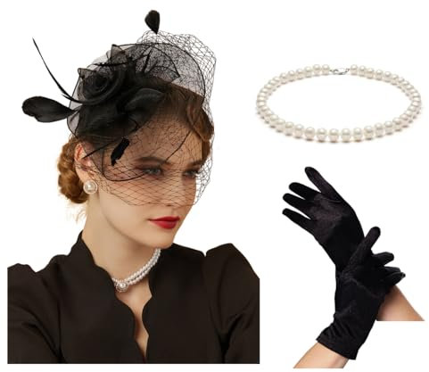 Fascinators Hüte 20er 50er Jahre Hut Pillbox Hut Cocktail Tee Party Kopfbedeckung mit Schleier für Mädchen und Frauen, D-schwarz Set-3, Einheitsgröße