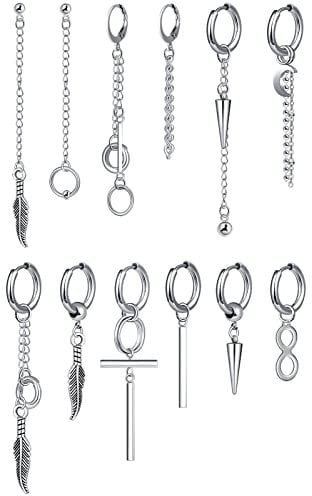 Feilok 12 Stück Ohrringe Herren Silber Ohrringe Creolen Damen Ohrstecker Hängend Edelstahl Kreuz Huggie Ohrringe Set Tropfen Baumeln Ohrringe für Herren Damen