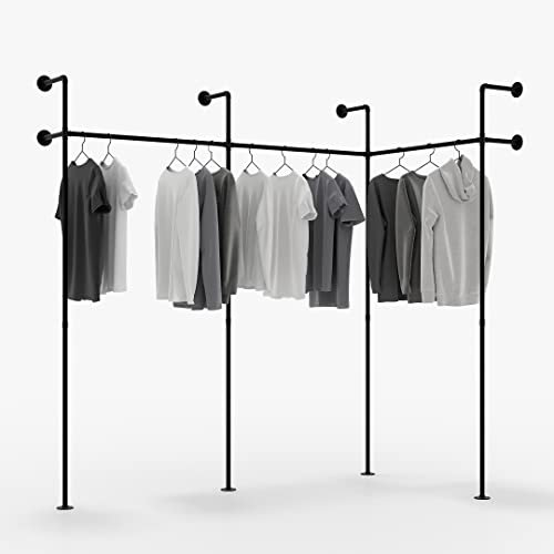 pamo Kleiderstange Wandmontage 300 kg Traglast - Offener Kleiderschrank oder Kleiderständer industrial schwarz aus Metall Wasserrohren
