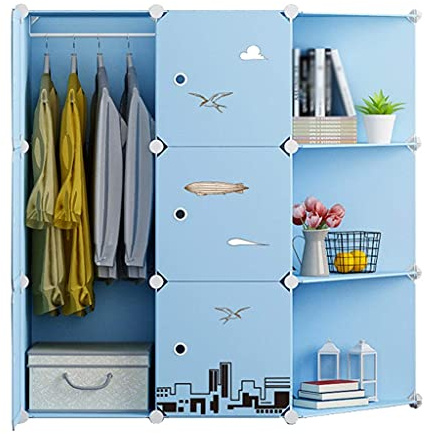 3-Gitter Armoire Wardrobe Hanging Removable Storage Plastic 6-Door Corner Shelves Clothes Bedroom Home Blue 111X47X111Cm Combination Wardrobe, D-J