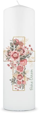 GRAVURZEILE Bedruckte Kerze - Osterkerze Blumenkreuz - Christliche Kerze mit Blumen Kreuz Motiv als Geschenk - Hochwertige Stumpenkerze 250/80 mm - Geschenkidee zu Ostern Ostergeschenk