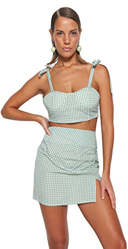 Trendyol Ensemble Deux pièces tissé à Carreaux pour Femme Chemise, Vert, 66