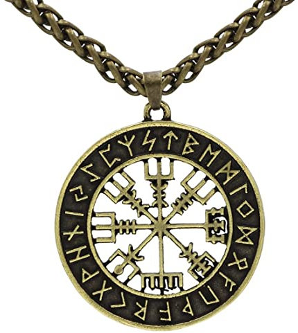 Herren Damen Edelstahl Wikinger Schmuck- Hohl Kompass Anhänger Halskette Vegvisir Runenkompass Kette Amulett MIT 22.83 Kette Bronze