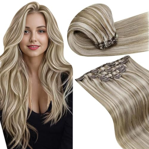 LaaVoo Extensions Clip in Echthaar Haarverlängerung 70g/5PCS Hellbraun Highlight Platinblond Clip in Extensions Echthaar Doppelt Tressen 30cm