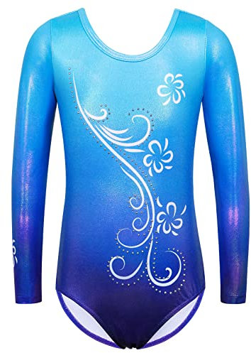 ZNYUNE Gymnastikanzug für Mädchen, langärmelig, ärmellos, bunt, glitzernd, athletischer Ballett-Tanzanzug für Kinder von 3–12 Jahren, B269, blaue Blume, 6 A