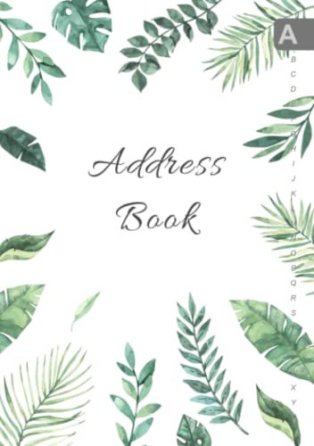 Address Book: A5 Medium Contact Notebook Organizer with A-Z Alphabetical Sections | Tropical Palm Leaf Monstera Design White