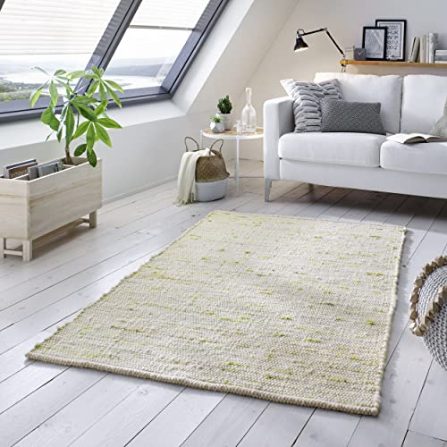 TacaHome Wollteppich Natur Handweb Teppich I Reine Schur-Wolle im Skandinavischen Design I Wohnzimmer Schlafzimmer Esszimmer Kinderzimer Büro | 120 x 170 cm Grün Meliert