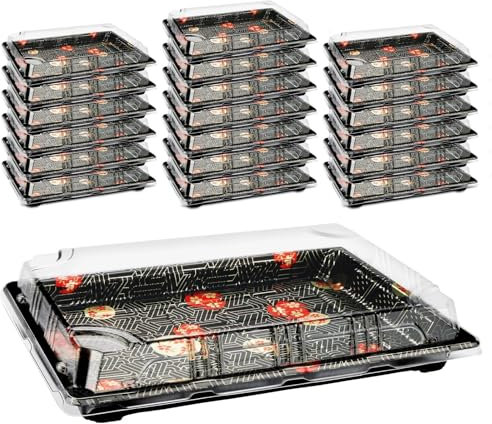 Mbsomnus 20 bandejas de plástico para bufé y catering, bandejas para sándwich con tapas, bandejas reutilizables para bufé, bandejas catering negras con tapas, dulces para fiestas y bufés(26*19*5 cm)