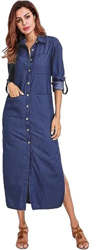 amropi Robe en Denim Femme Casual Boutonné à Chemise Manches Longues Jean Maxi Robes Marine,S