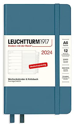 LEUCHTTURM1917 367744 Wochenkalender & Notizbuch Pocket (A6) 2024, mit Extraheft für Adressen und Jahrestage, Stone Blue, Deutsch, 12 Monate