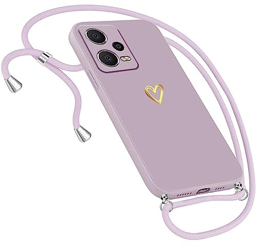 Handykette Hülle für Xiaomi Redmi Note 12 Pro 5G Hülle Necklace, Herz Motiv Muster Handyhülle für Xiaomi Redmi Note 12 Pro 5G Hülle mit Band mit Kette Kordel zum Umhänge Band Ultradünn Hülle (Lila)