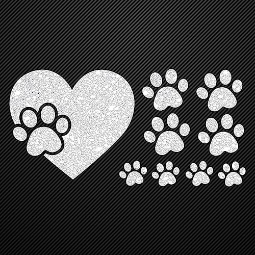 Glitzerdeals Bügelbilder Glitzer Pfote im Herz und kleine Pfoten silber Aufbügler für Textilien Karneval Kostüm Pfoten Bügelflicken Pfote Fasching Patch zum Aufbügeln Pfoten