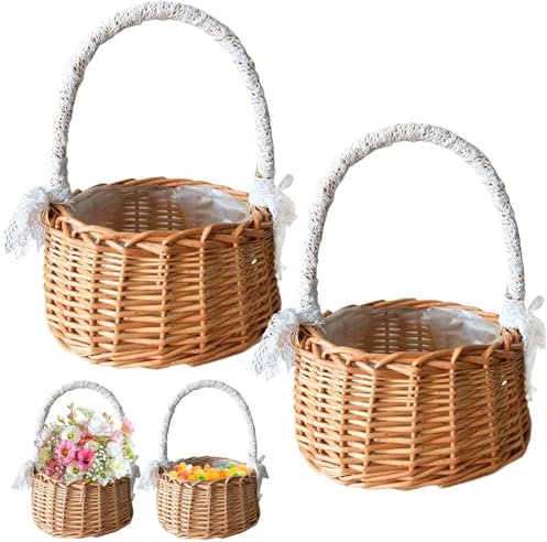 Dtoterul Cestas de Mimbre con Asa 2 Piezas Cesta de Mimbre Cesta de Flores Cesta Dama de Honor Trenzadas Mini Cestas de Mimbre Canasta de Frutas Canasta Artesanal para Boda Decoración de Mesa