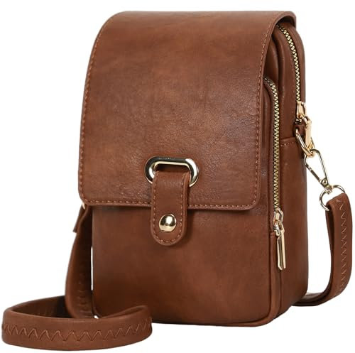 Leathario Handytasche mit Geldbörse zum Umhängen Damen,Handytasche aus Veganem Lede mit Kartenfächer zum Umhängen, Kleine Umhängetasche Handtasche für Designer ,Braun