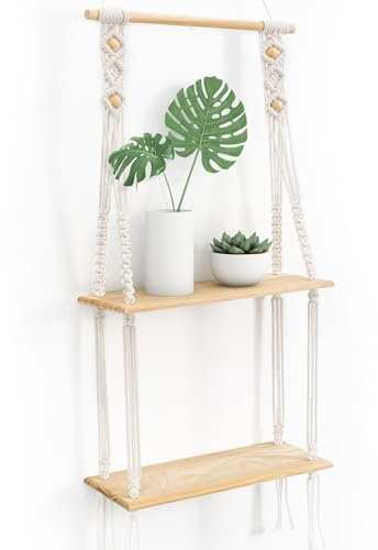 Afuly Wandregal Holz Boho Deko Regal Wand Hängeregal Makramee Wanddeko Handgewebte Quaste Schweberegal Balkon Pflanzenregal Schlafzimmer Deko Badezimmer Wohnzimmer Flur Kinderzimmer Natural Holzregal