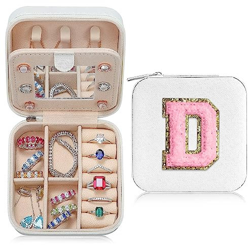 TINGN Initial Schmuckkästchen für Damen und Mädchen, Weiß Schmuck Reiseetui | Chenille Buchstaben Patches Schmuckkästchen | Multifunktionales personalisiertes Reise Schmucketui