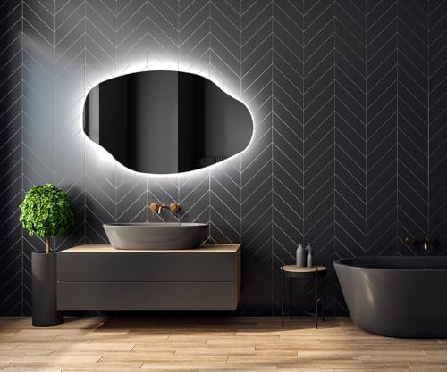 Artforma Unregelmäßiger Form asymmetrischer Spiegel mit LED Beleuchtung 114x74 cm | Moderner Industrial Wanspiegel Beleuchtet Nach Maß | OBK221 | Wählen Sie Zubehör | Lichtspiegel Badezimmerspiegel