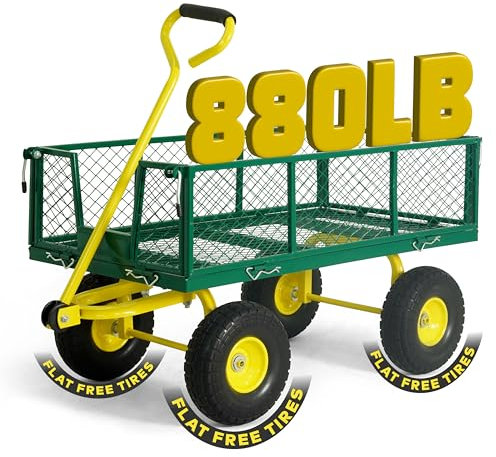 CAPHAUS Grüner Gartenwagen aus Metall, mit 180° verstellbarem gelbem Griff, mit Matte und Gurt, strapazierfähig, 400 kg Kapazität, mit 25,4 cm großen, flachen Reifen, Seiten abnehmbar, Mehrzweckwagen,