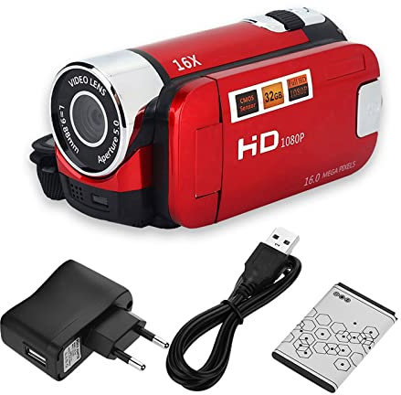 Akozon Videocámara de Mano Cámara Vlogging FHD 16X Zoom Digital, Rotación Full HD 16X Videocámara de Alta Definición Cámara Tragbar DV (Rojo)