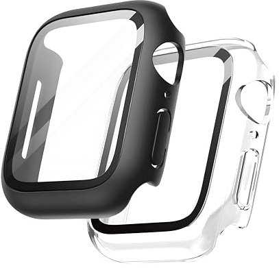 yunus aras Paquete de 2 protectores de pantalla de vidrio templado para Apple Watch, 44 mm para 6 5 4 SE, ultradelgado, a prueba de golpes, cubierta protectora general para iWatch (negro +