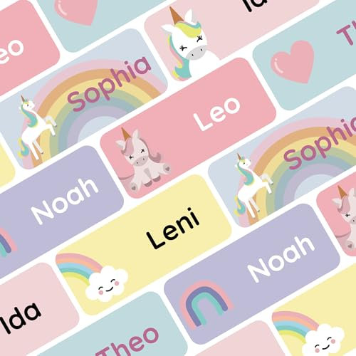 Klebekerlchen® Namensaufkleber für Kinder (60 Stück), Kleidung & Gegenstände Namensschilder personalisiert und waschmaschinenfest, Schule und Kindergarten - Einhorn