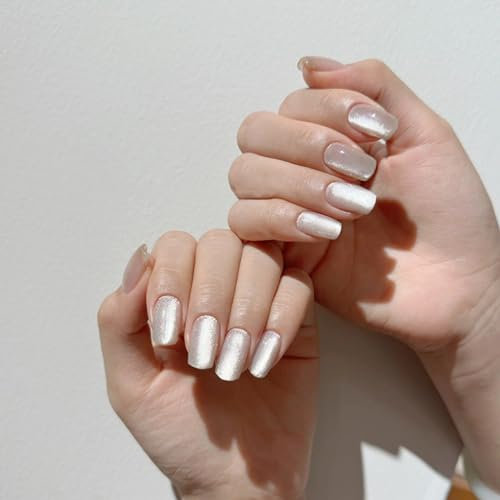 ZAHRVIA 30 Pièces Moonlight Paillette Gel Amande Faux Ongles Court, Soft Gel Blanc Press on Nails French Motif, Glossy Ovale Faux Ongle avec Colle Pour Femme et Ado, UV Faux Ongles à Coller Nail Art