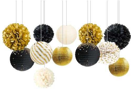 NICROLANDEE Black Gold Graduation Party Decorations,12PCS Paper Lantern Tissue Pom Poms Black and Gold Hanging Backdrop Decor for 2025 New Year Birthday Christmas Party Supplies