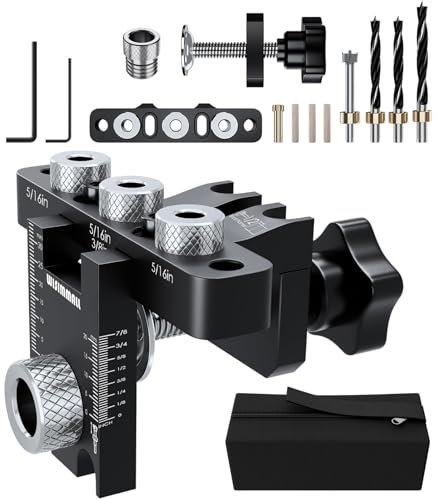 Self Centering Doweling Jig Kit - Dowel Jig Kit for Straight Holes, Adjustable Width Woodworking Joints Tool Drill Guides Locator, 3 Size Drill Bit (8, 10, 15 mm) (5/16, 3/8, 19/32), Organizer Bag1