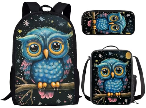 KUIFORTI Rucksack-Set, 3-in-1, Schultasche, Lunch-Tasche, Federmäppchen, Geschenk für Teenager, Jungen, Mädchen, Blaue Eule, Einheitsgröße, Schulrucksack