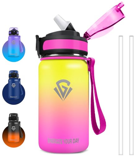 Grsta Botella Agua Acero Inoxidable, 500ml Botella Termica, Cantimplora Infantil sin BPA, Termo con Pajita a Prueba de Fugas, Fácil de Limpiar, Botella de Agua para Escuela, Gym, Oficina