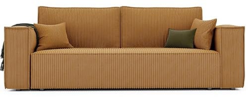 GREKPOL Schlafsofa mit Bettkasten 240x105 - Cord Senfgelb Sofa mit schlaffunktion - Couch mit Schlaffunktion - Sofa 3 Sitzer - Wohnzimmer Couch - Schlafcouch