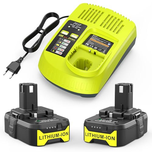 LabTEC P103 18V 3000mAh Ersatzakku für Ryobi 2er Pack BPL1815 P102 P104 P105 P106 mit P117 USB Port Ladegerät Ersatz für Ryobi P117 12V-18V One Plus Serie, USB Ladegerät Set für Ryobi P107 P108