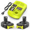 LabTEC P103 18V 3000mAh Replacement Battery for Ryobi 2 Packs BPL1815 P102 P104 P105 P106 with P117 USB Port Charger Replacement for Ryobi P117 12V-18V One Plus Series, USB Charger Set for Ryobi P107