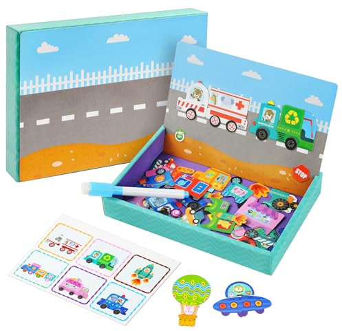 Aolso Magnetpuzzles für Kinder, 3–5 Jahre Magnetspiel, Pädagogisches Magnetisches Fahrzeug-Puzzlespielzeug mit bunten Fahrzeugen, Reisespiele und Reisespielzeug, Lernmagnet-Geschenk für den Roadtrip